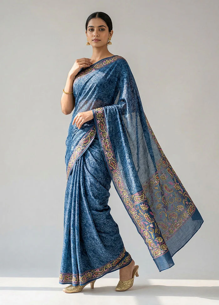 Blue Handloom Tussar Pure Silk Saree With Blouse Piece