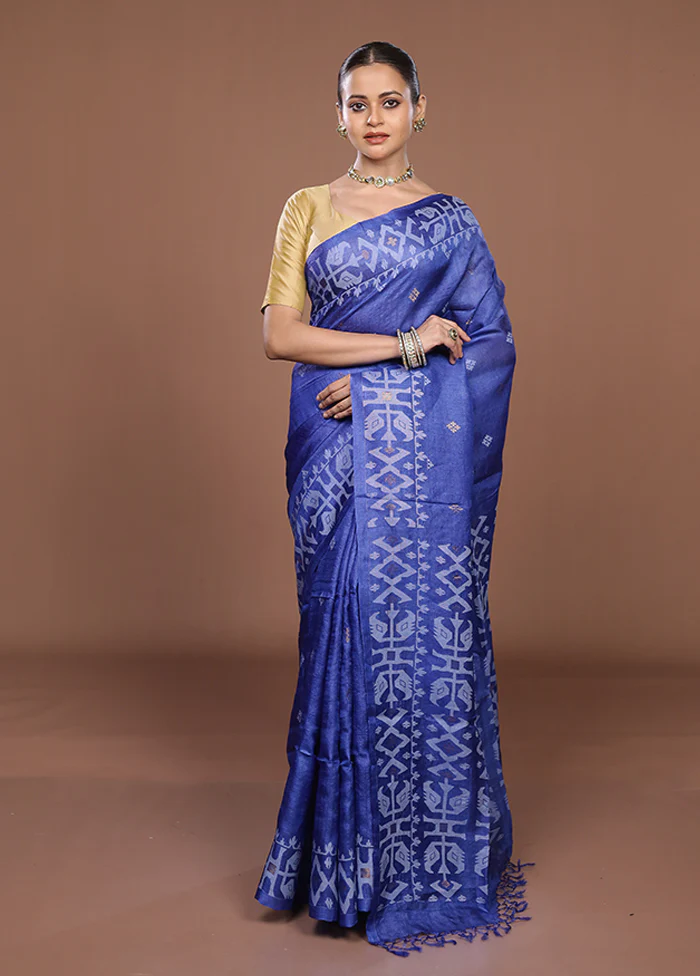 Blue Handloom Tussar Pure Silk Saree With Blouse Piece - Image 2