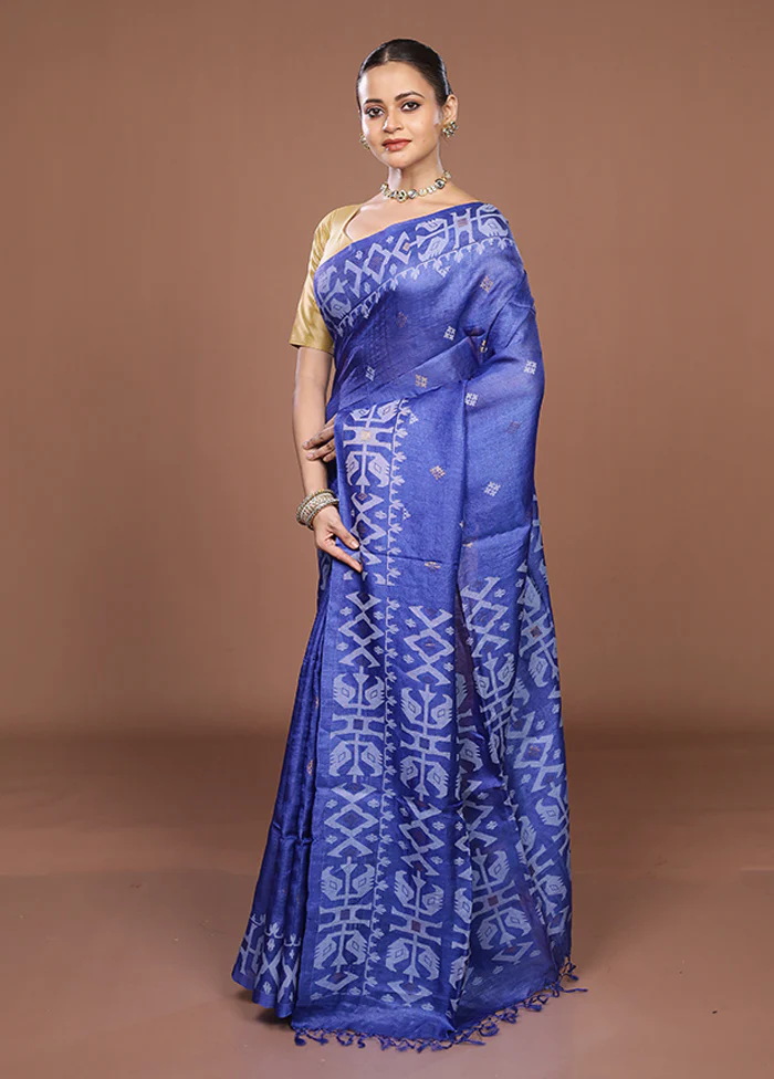Blue Handloom Tussar Pure Silk Saree With Blouse Piece - Image 4