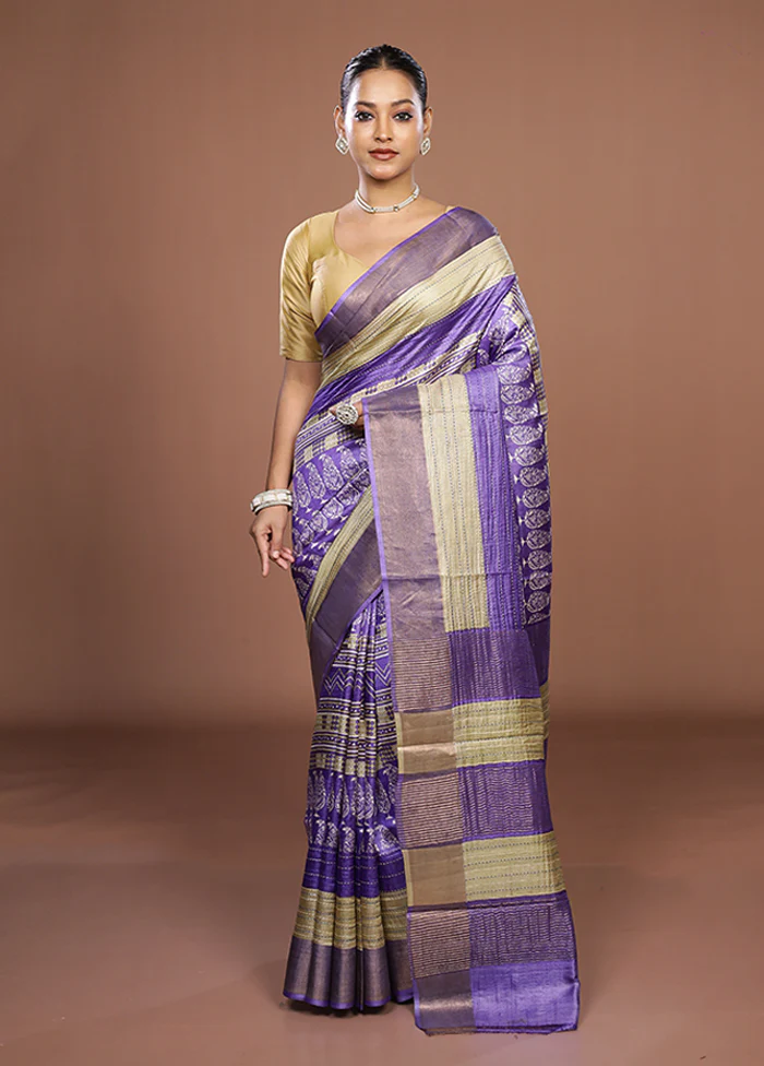 Purple Handloom Tussar Pure Silk Saree With Blouse Piece - Image 2