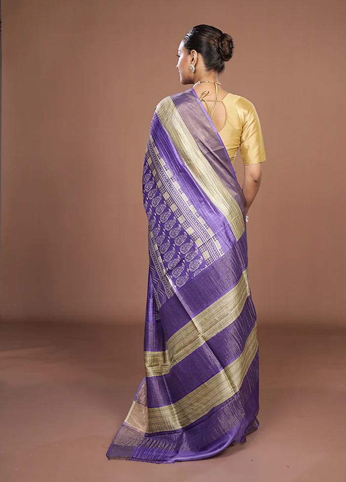 Purple Handloom Tussar Pure Silk Saree With Blouse Piece - Image 3