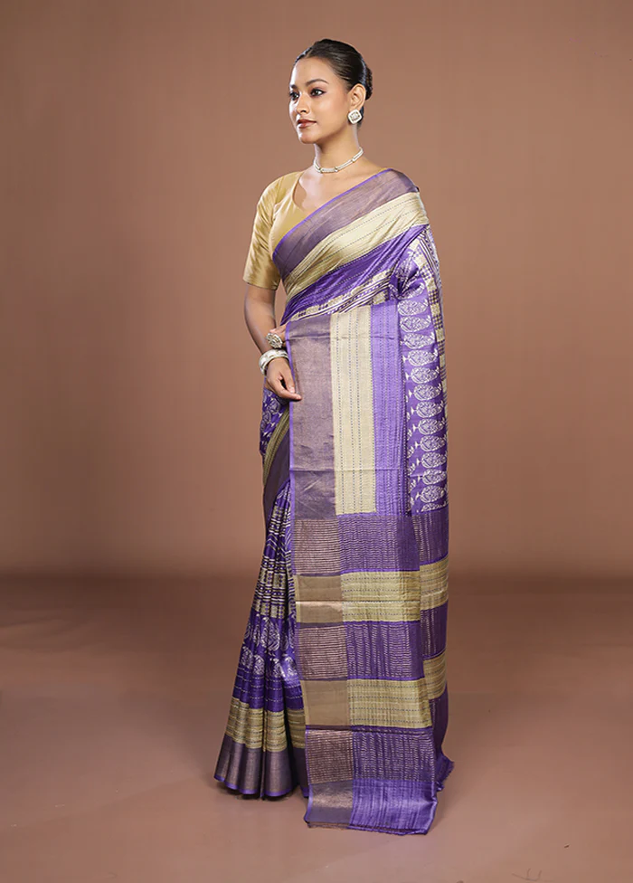 Purple Handloom Tussar Pure Silk Saree With Blouse Piece - Image 4
