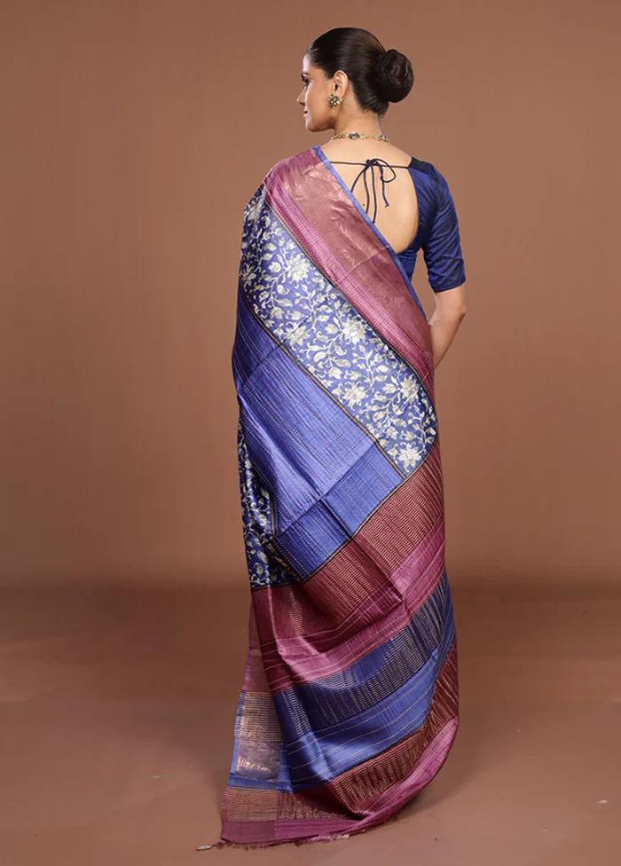 Blue Handloom Tussar Pure Silk Saree With Blouse Piece - Image 3