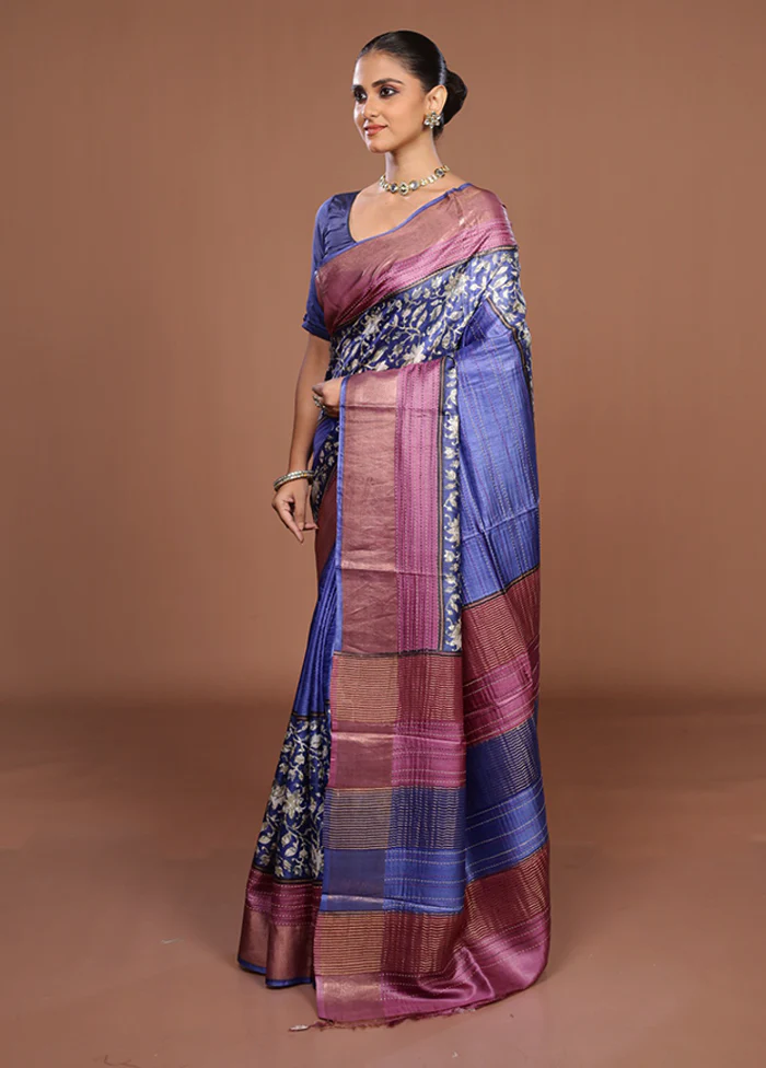 Blue Handloom Tussar Pure Silk Saree With Blouse Piece - Image 4