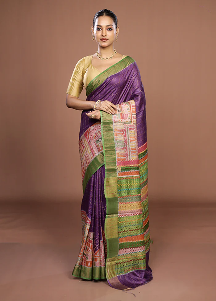Purple Handloom Tussar Pure Silk Saree With Blouse Piece - Image 2