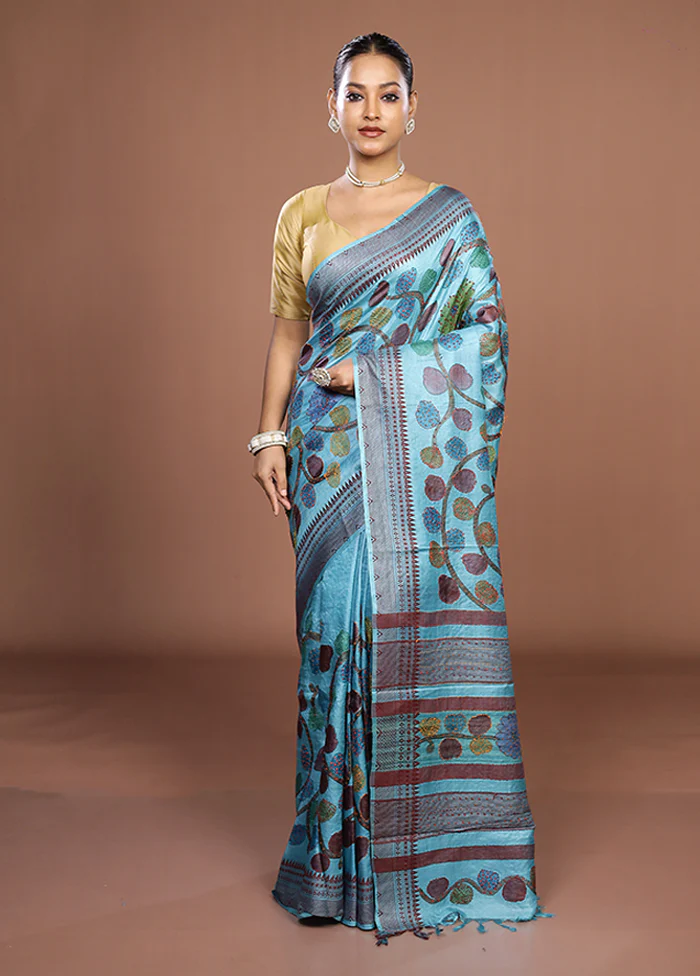 Blue Handloom Tussar Pure Silk Saree With Blouse Piece - Image 2