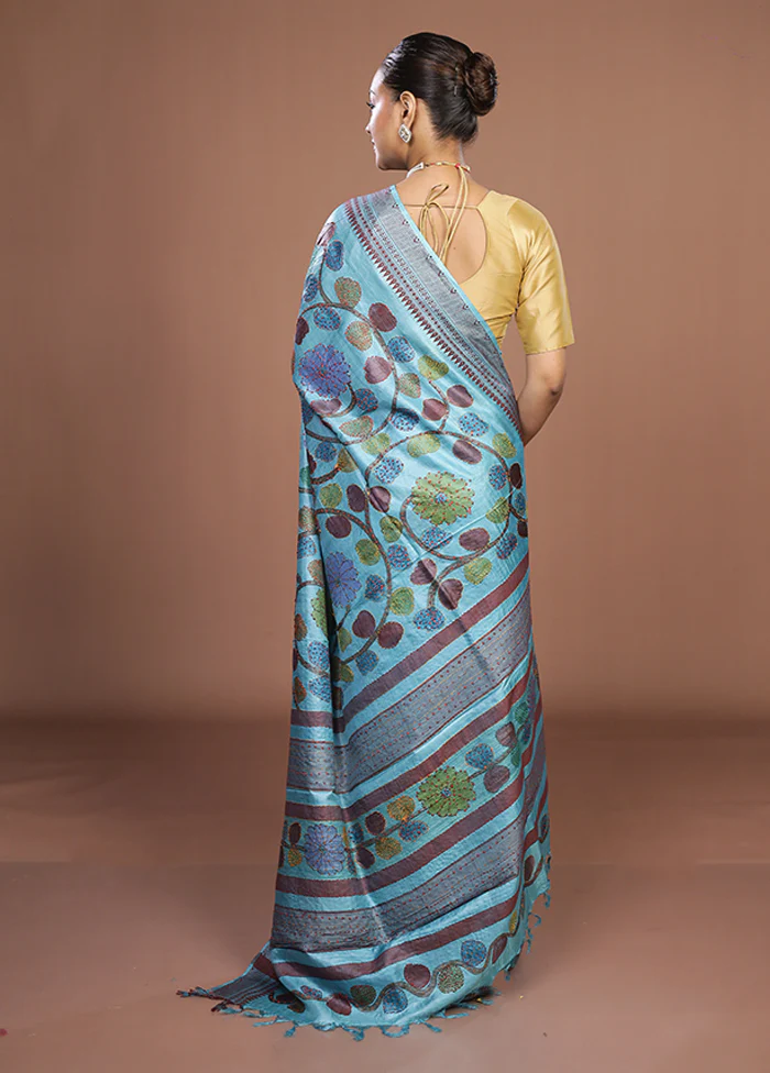 Blue Handloom Tussar Pure Silk Saree With Blouse Piece - Image 3