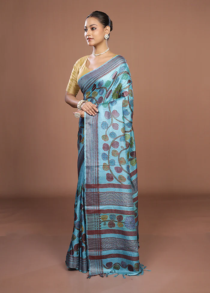Blue Handloom Tussar Pure Silk Saree With Blouse Piece - Image 4