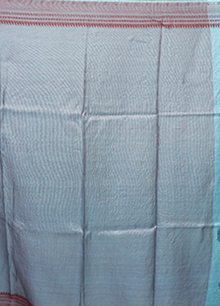 Blue Handloom Tussar Pure Silk Saree With Blouse Piece - Image 5