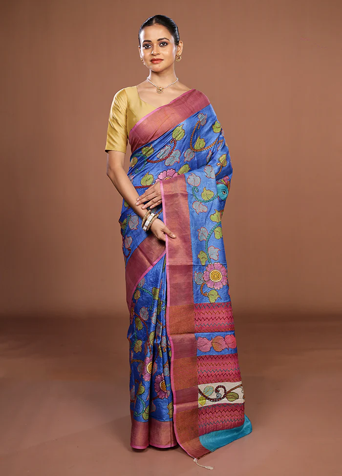 Blue Handloom Tussar Pure Silk Saree With Blouse Piece - Image 2