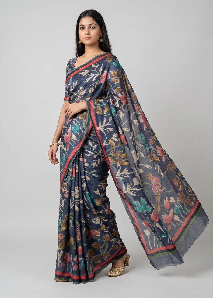 Blue Handloom Tussar Pure Silk Saree With Blouse Piece
