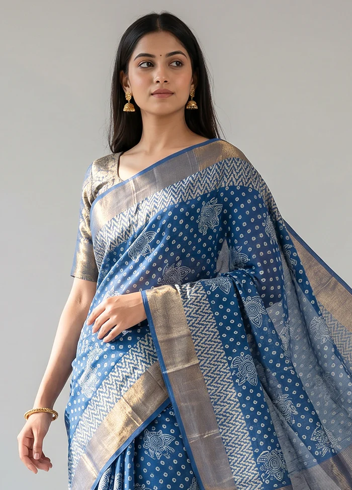Blue Handloom Tussar Pure Silk Saree With Blouse Piece - Image 2