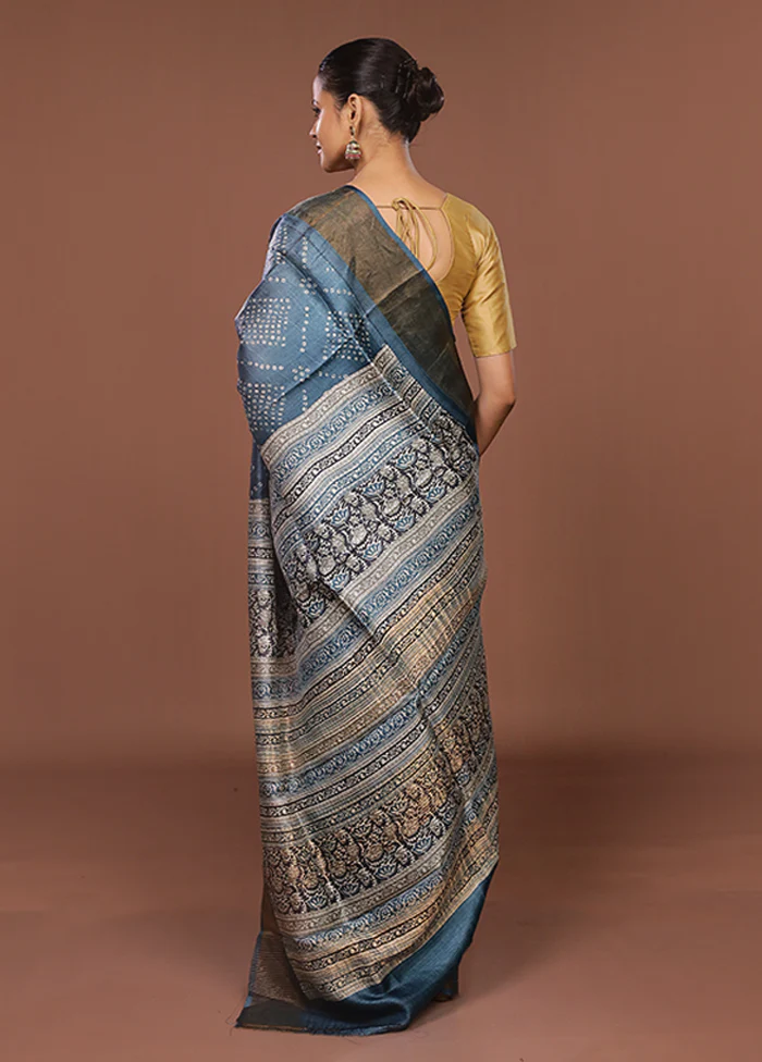 Blue Handloom Tussar Pure Silk Saree With Blouse Piece - Image 3