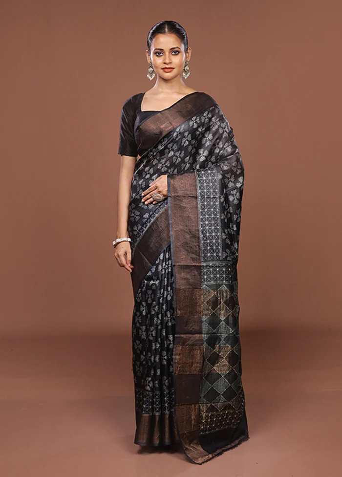 Blue Handloom Tussar Pure Silk Saree With Blouse Piece - Image 2