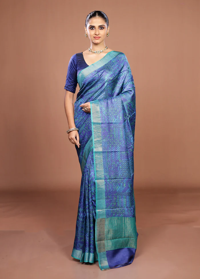Blue Handloom Tussar Pure Silk Saree With Blouse Piece - Image 2