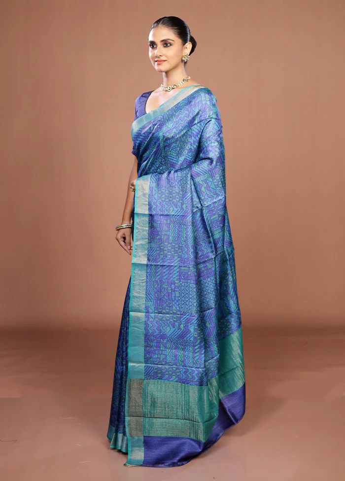 Blue Handloom Tussar Pure Silk Saree With Blouse Piece - Image 4