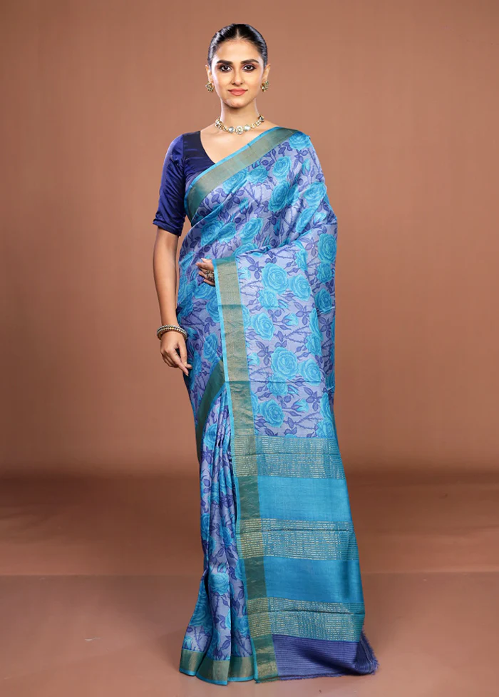 Blue Handloom Tussar Pure Silk Saree With Blouse Piece - Image 2