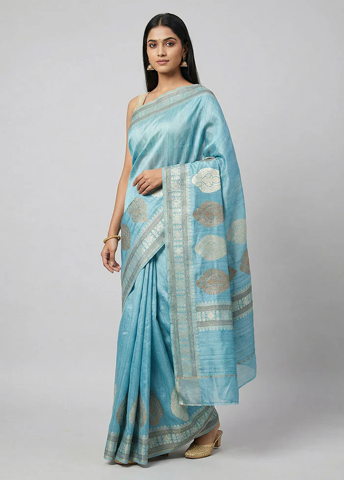 Blue Handloom Tussar Pure Silk Saree With Blouse Piece