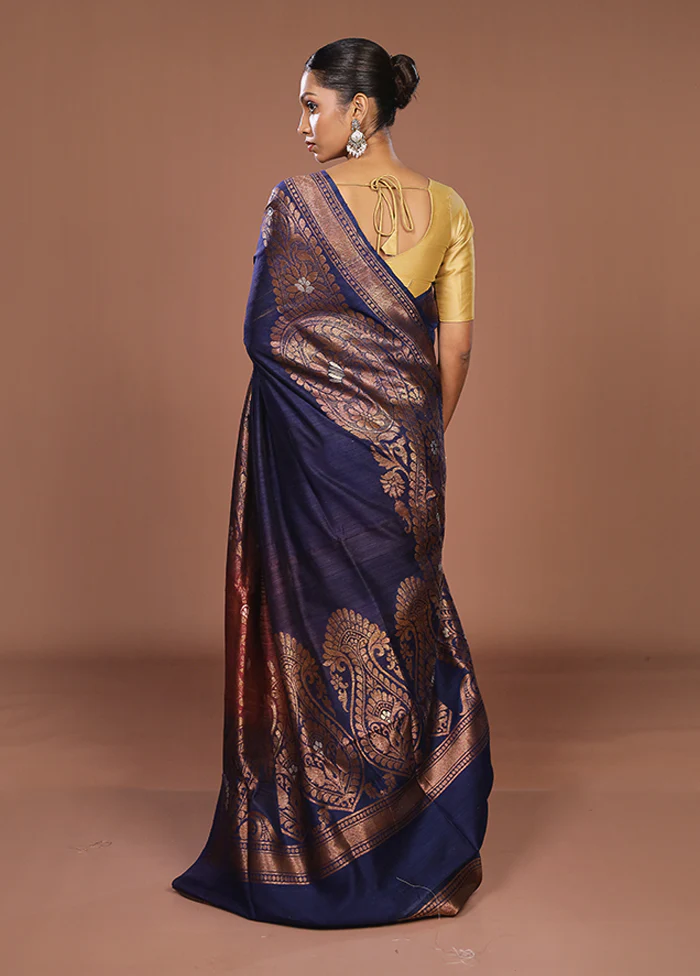 Blue Handloom Tussar Pure Silk Saree With Blouse Piece - Image 3