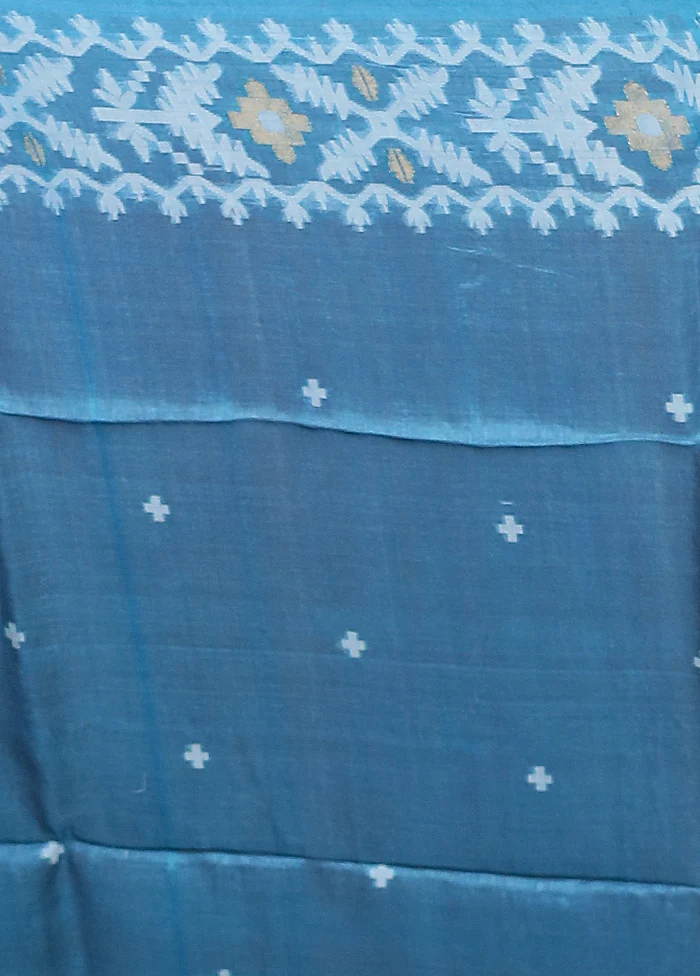 Blue Handloom Tussar Pure Silk Saree With Blouse Piece - Image 5
