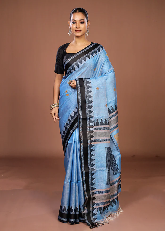 Blue Handloom Tussar Pure Silk Saree With Blouse Piece - Image 2