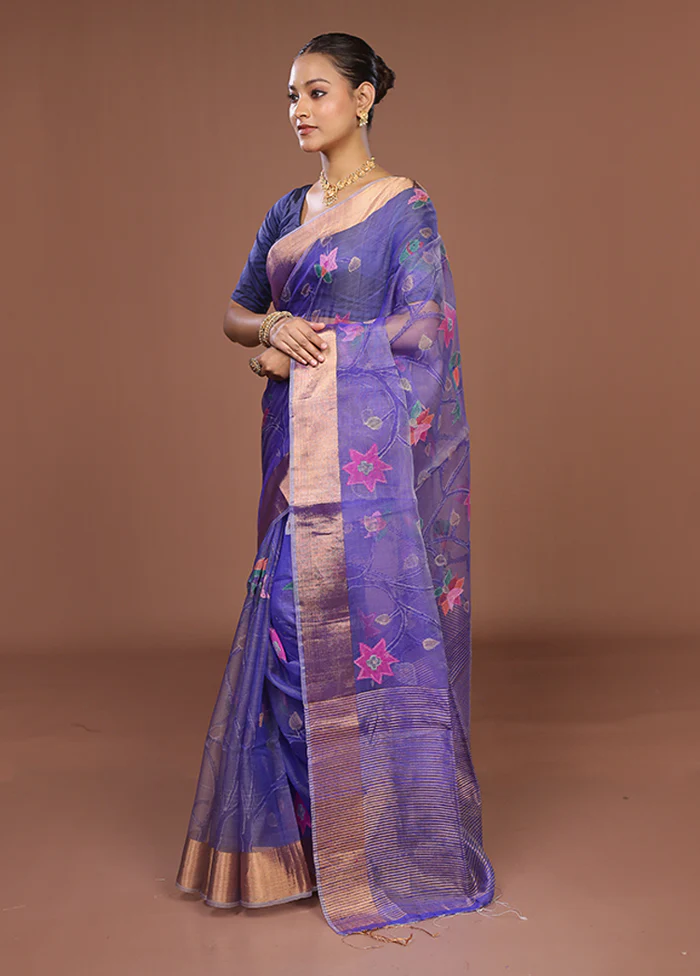Blue Handloom Tussar Pure Silk Saree With Blouse Piece - Image 4