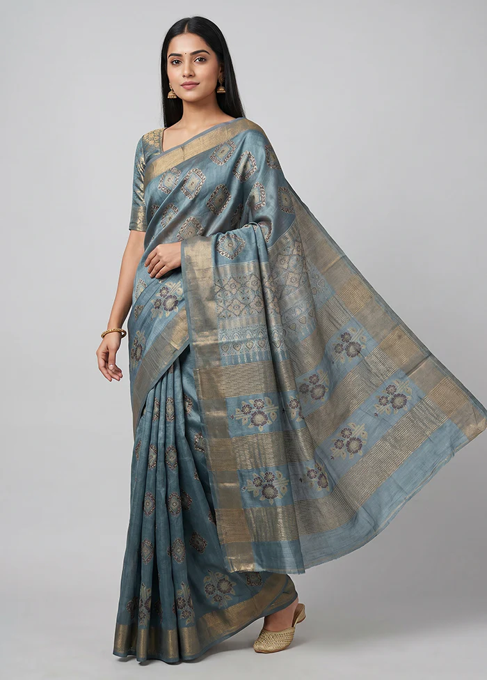 Blue Handloom Tussar Pure Silk Saree With Blouse Piece
