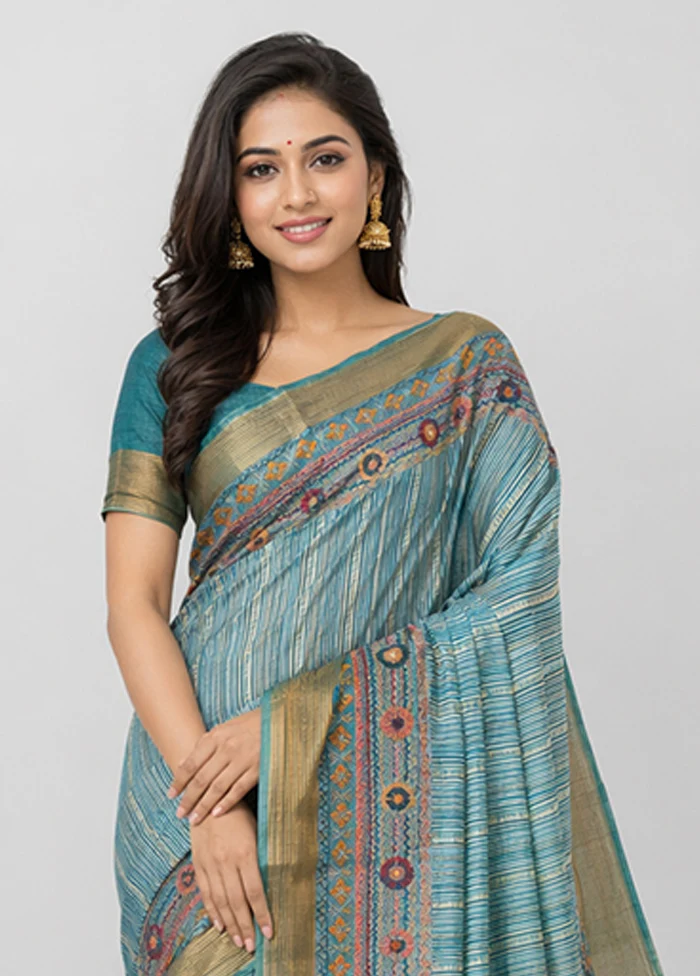 Blue Handloom Tussar Pure Silk Saree With Blouse Piece - Image 2