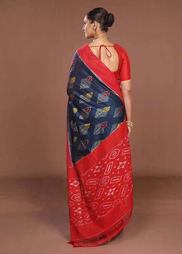 Blue Ikkat Cotton Saree With Blouse Piece - Image 3