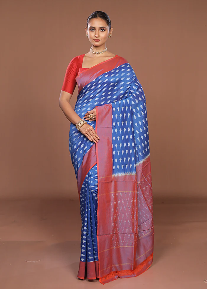 Blue Ikkat Silk Saree With Blouse Piece - Image 2