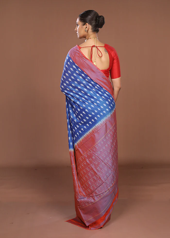 Blue Ikkat Silk Saree With Blouse Piece - Image 3