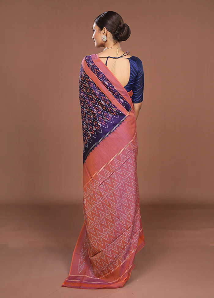Blue Ikkat Silk Saree With Blouse Piece - Image 3