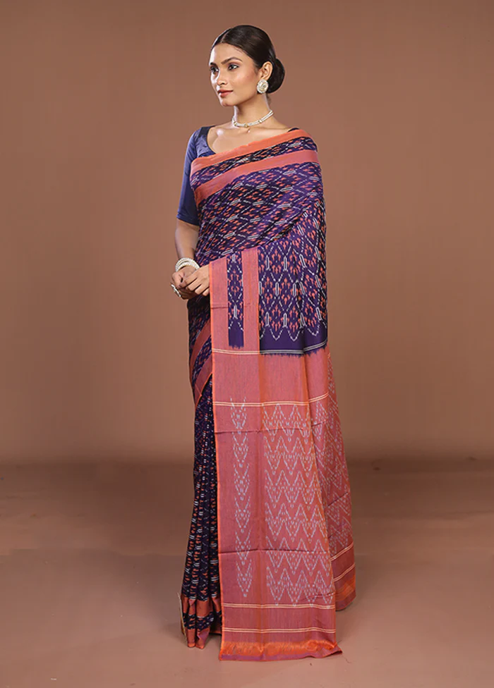 Blue Ikkat Silk Saree With Blouse Piece - Image 4
