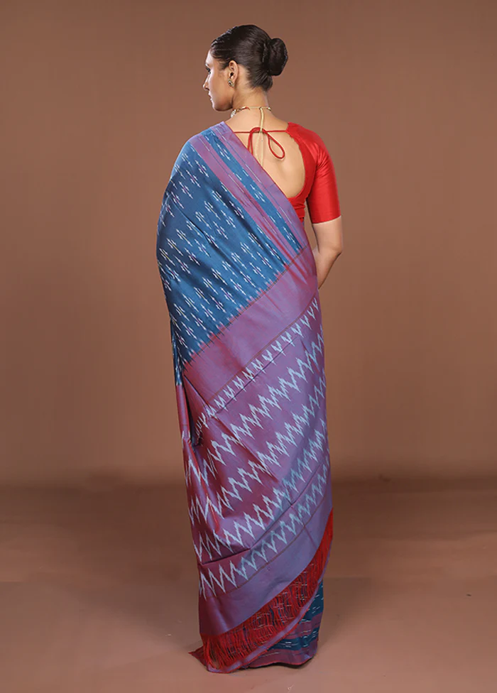 Blue Ikkat Silk Saree With Blouse Piece - Image 3