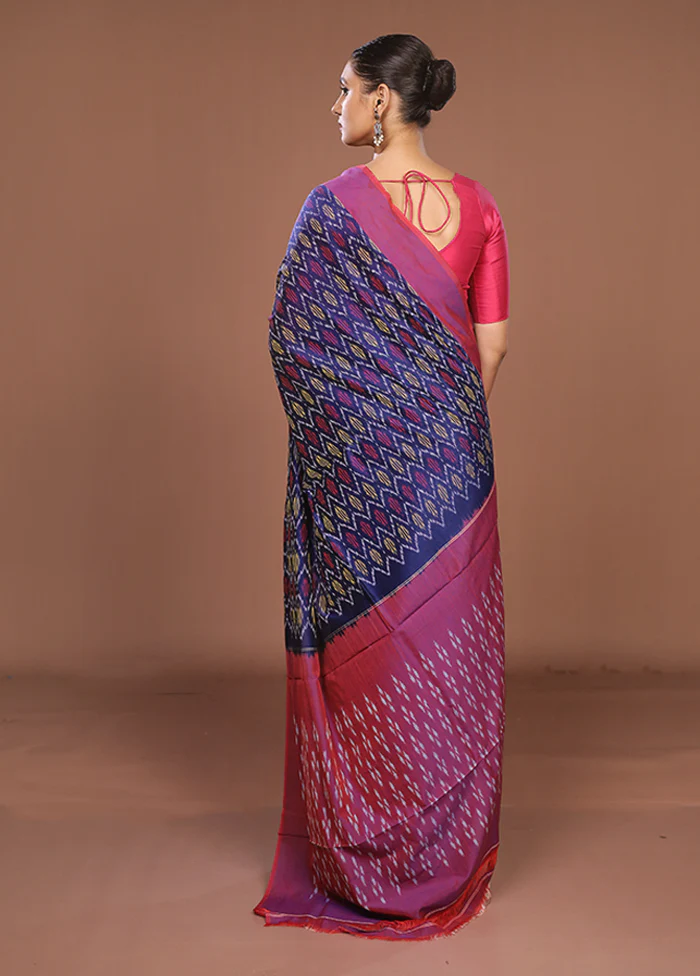Blue Ikkat Silk Saree With Blouse Piece - Image 3