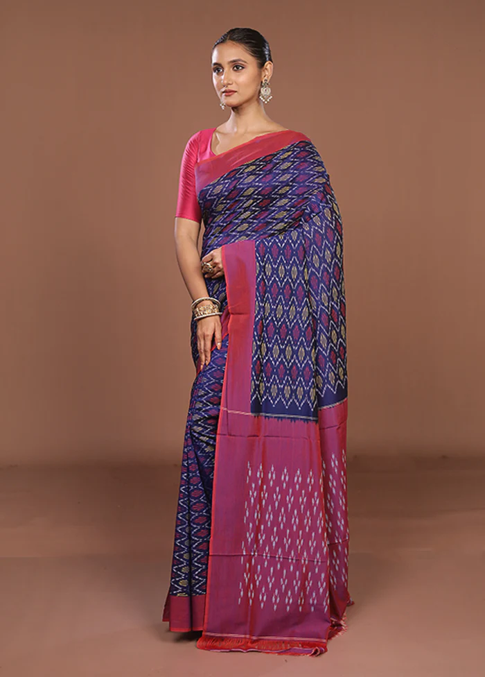 Blue Ikkat Silk Saree With Blouse Piece - Image 4