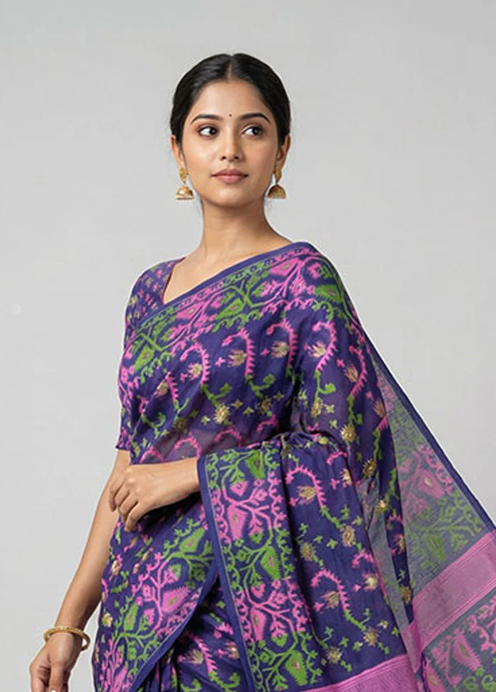 Blue Jamdani Cotton Saree Without Blouse Piece - Image 2