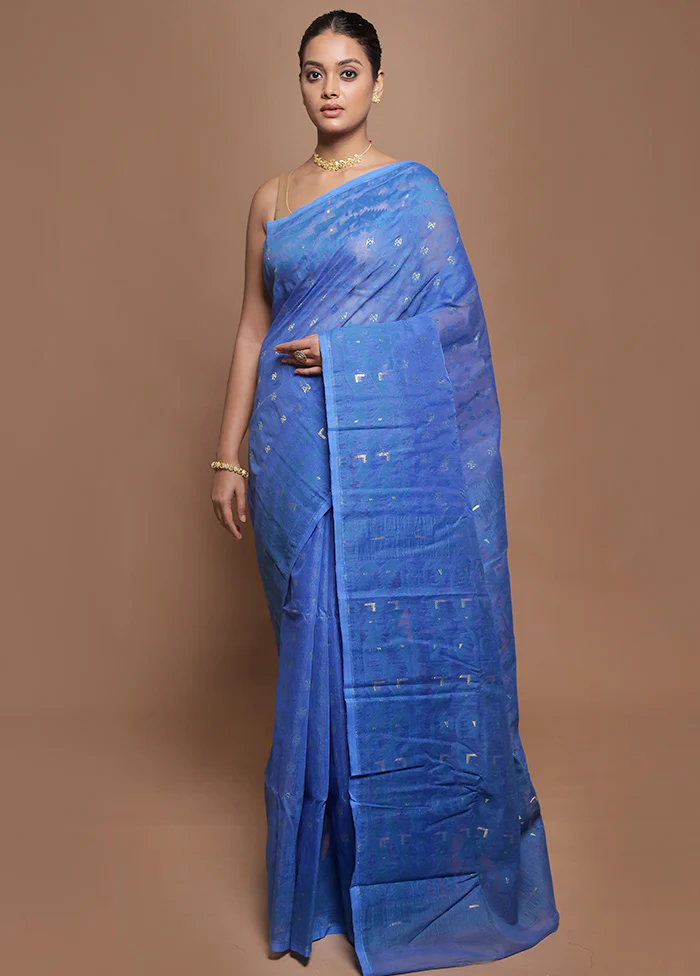 Blue Tant Jamdani Saree Without Blouse Piece