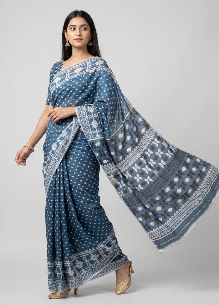 Blue Jamdani Cotton Saree Without Blouse Piece