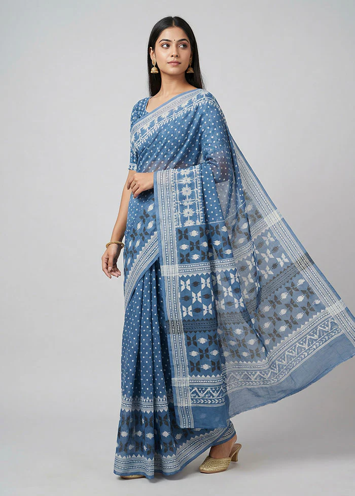 Blue Jamdani Cotton Saree Without Blouse Piece