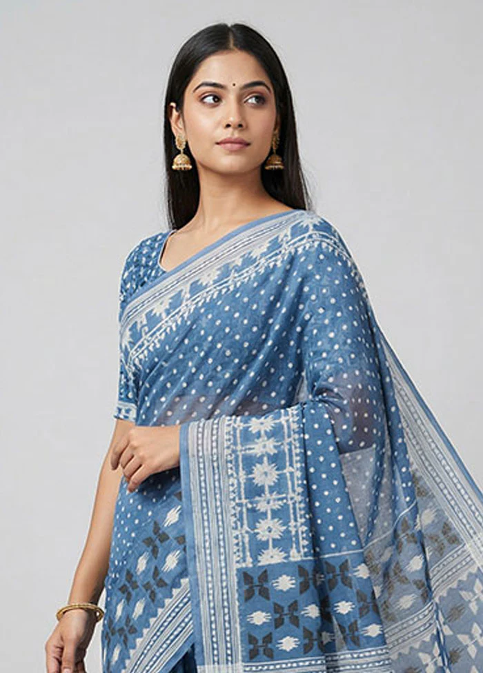 Blue Jamdani Cotton Saree Without Blouse Piece - Image 2