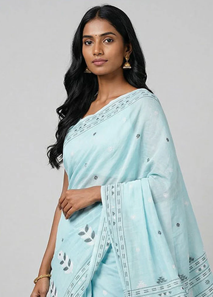 Blue Jamdani Cotton Saree Without Blouse Piece - Image 2