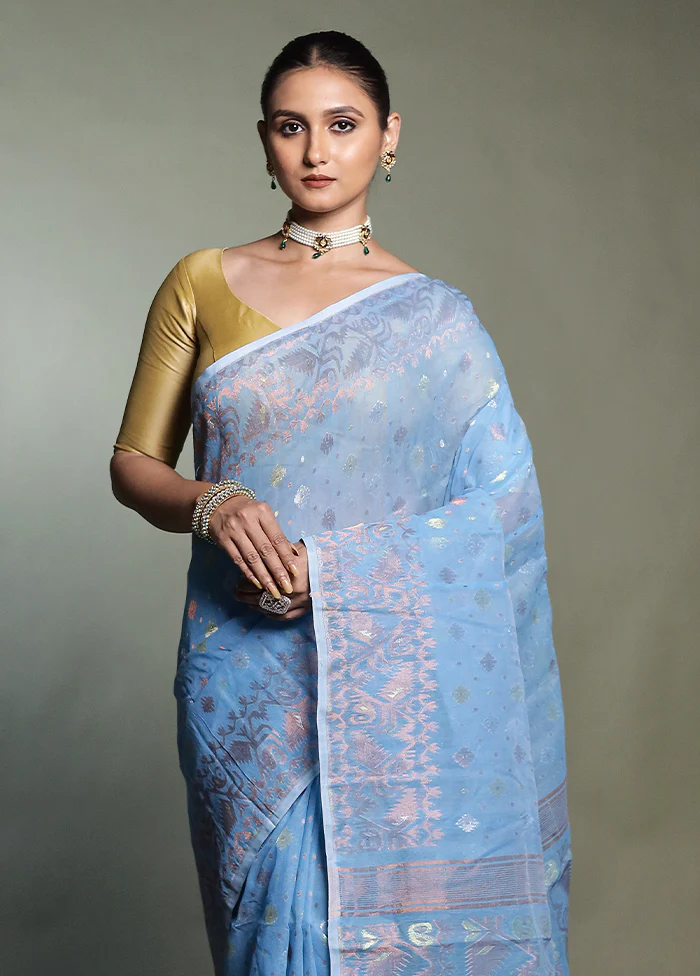 Blue Tant Jamdani Saree Without Blouse Piece