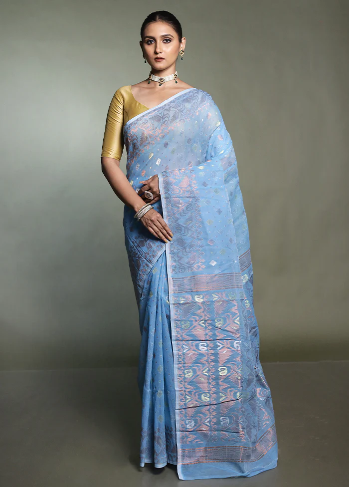 Blue Tant Jamdani Saree Without Blouse Piece - Image 2