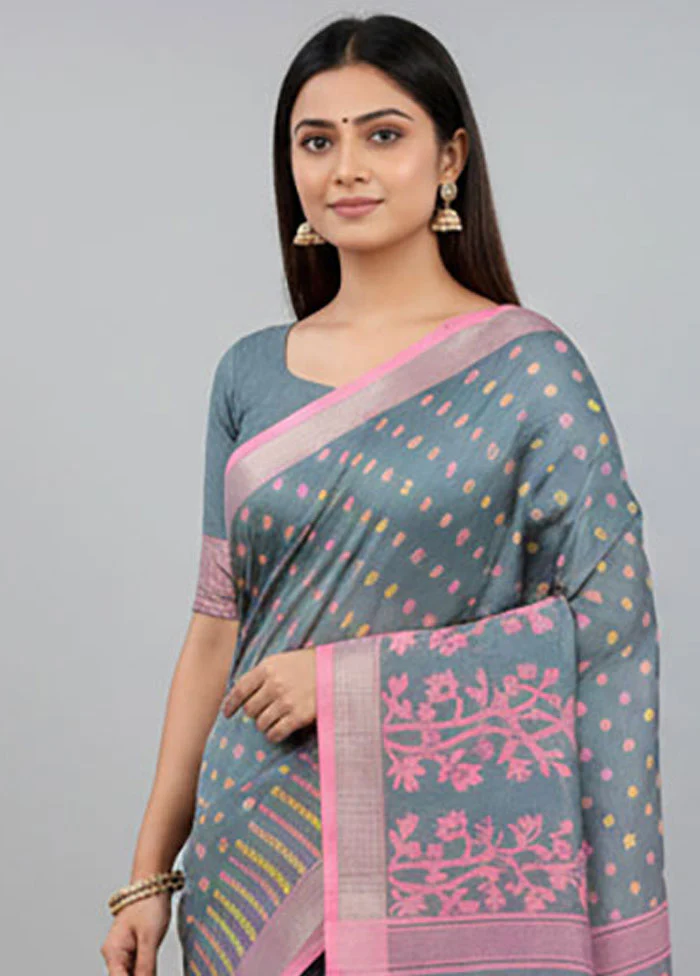 Blue Jamdani Cotton Saree Without Blouse Piece - Image 2