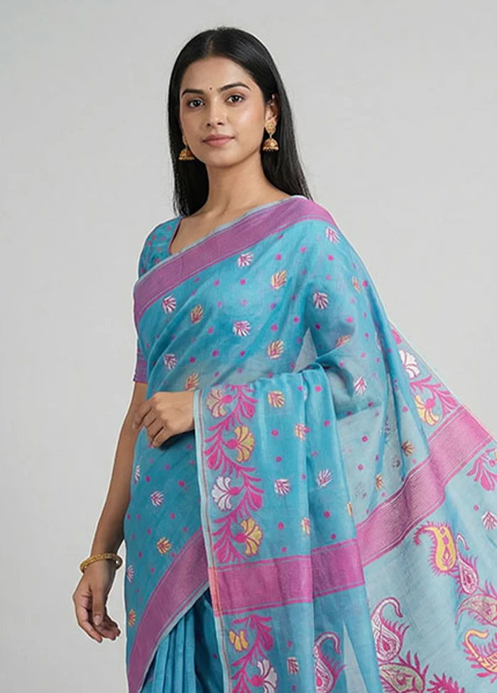 Blue Jamdani Cotton Saree Without Blouse Piece - Image 2