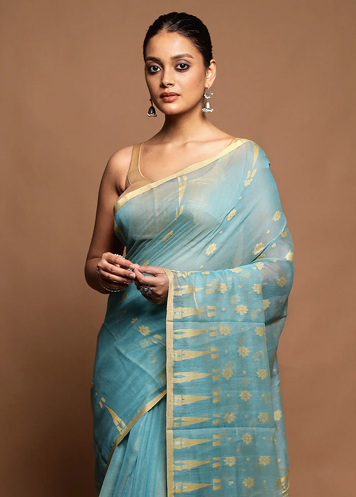 Blue Tant Jamdani Saree Without Blouse Piece - Image 2
