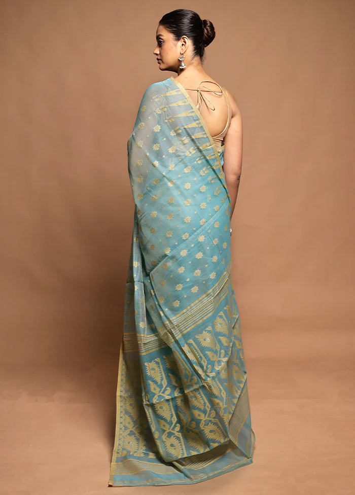 Blue Tant Jamdani Saree Without Blouse Piece - Image 3