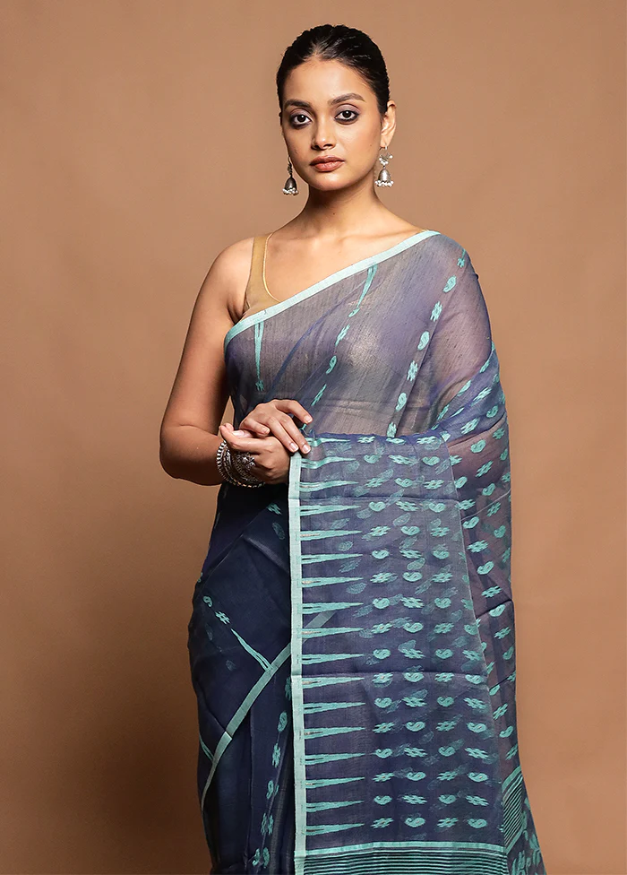 Blue Tant Jamdani Saree Without Blouse Piece - Image 2