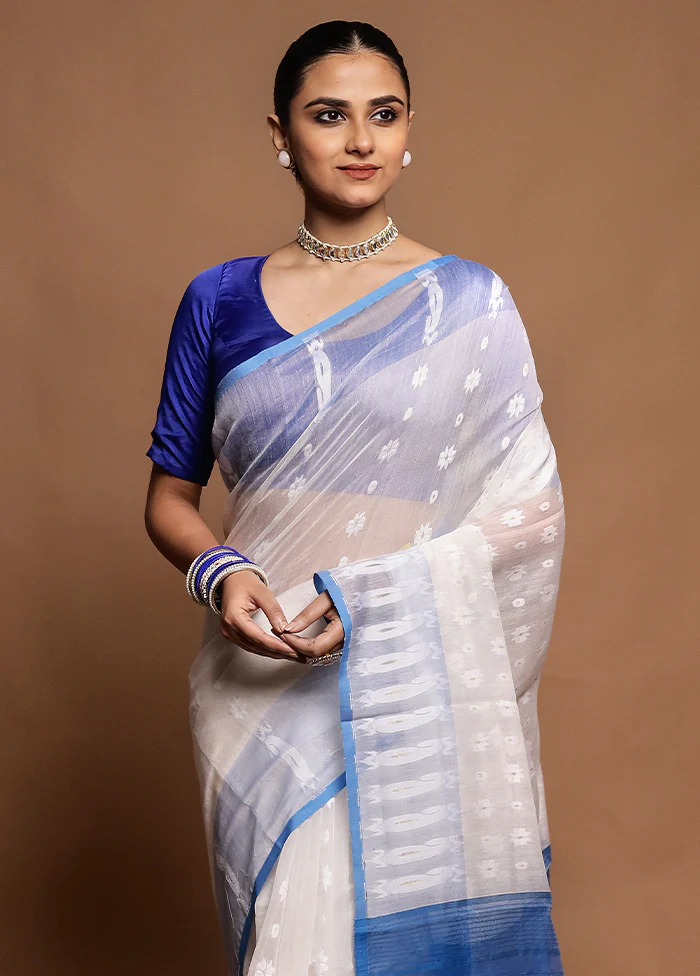 Blue Tant Jamdani Saree Without Blouse Piece - Image 2
